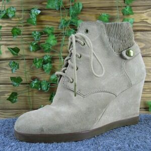 Michael Kors Beige‎ Suede Lace Up Wedge Boots Women 8 Casual Stylish Ankle Shoes